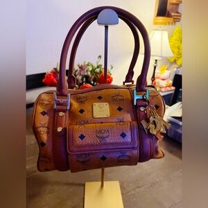 Authentic MCM Visetos Boston Satchel | Cognac Leather | Top Handle Bag